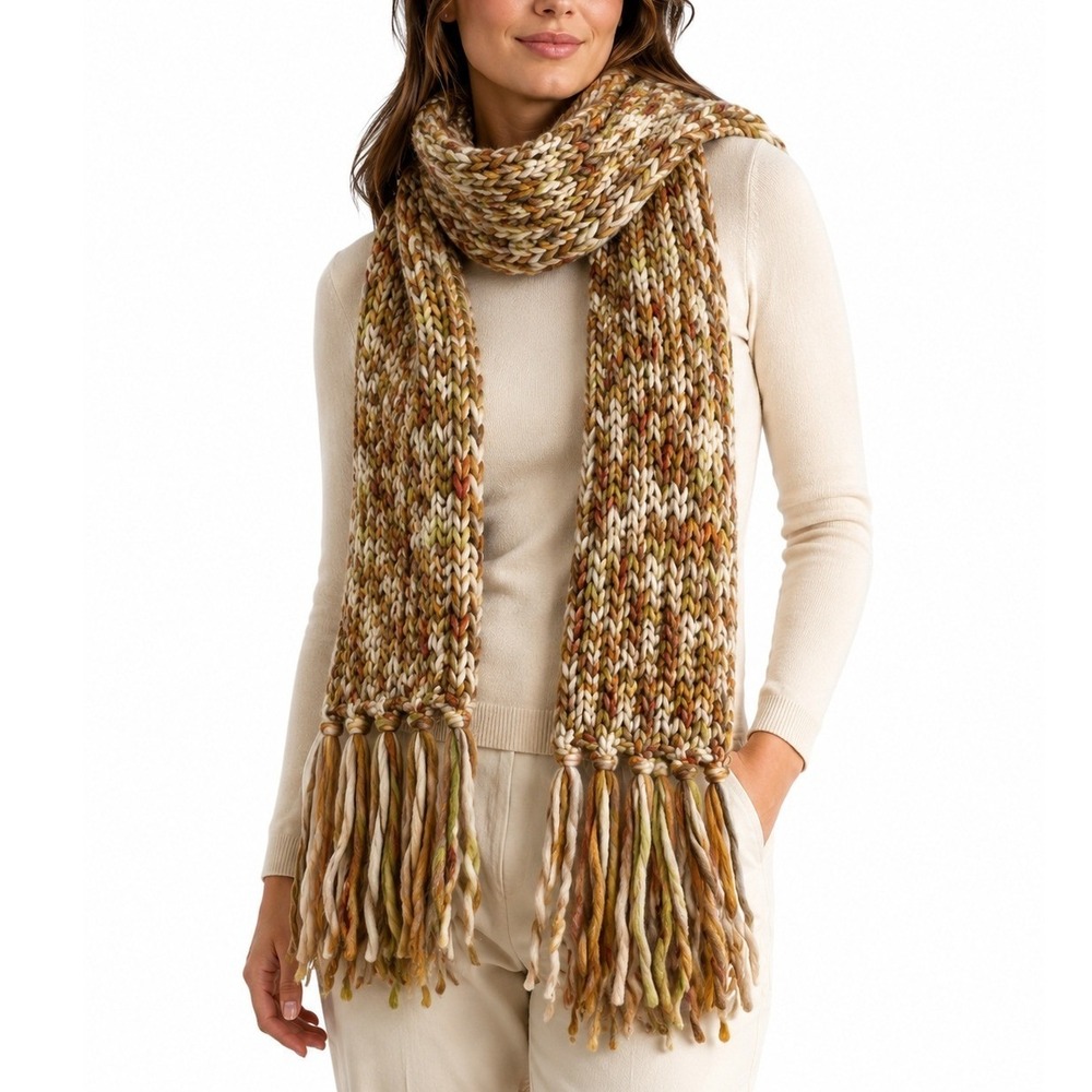 Women's100% Italian wool Scarf Beige Olive Rust Mustard Chunky Knit Fringed